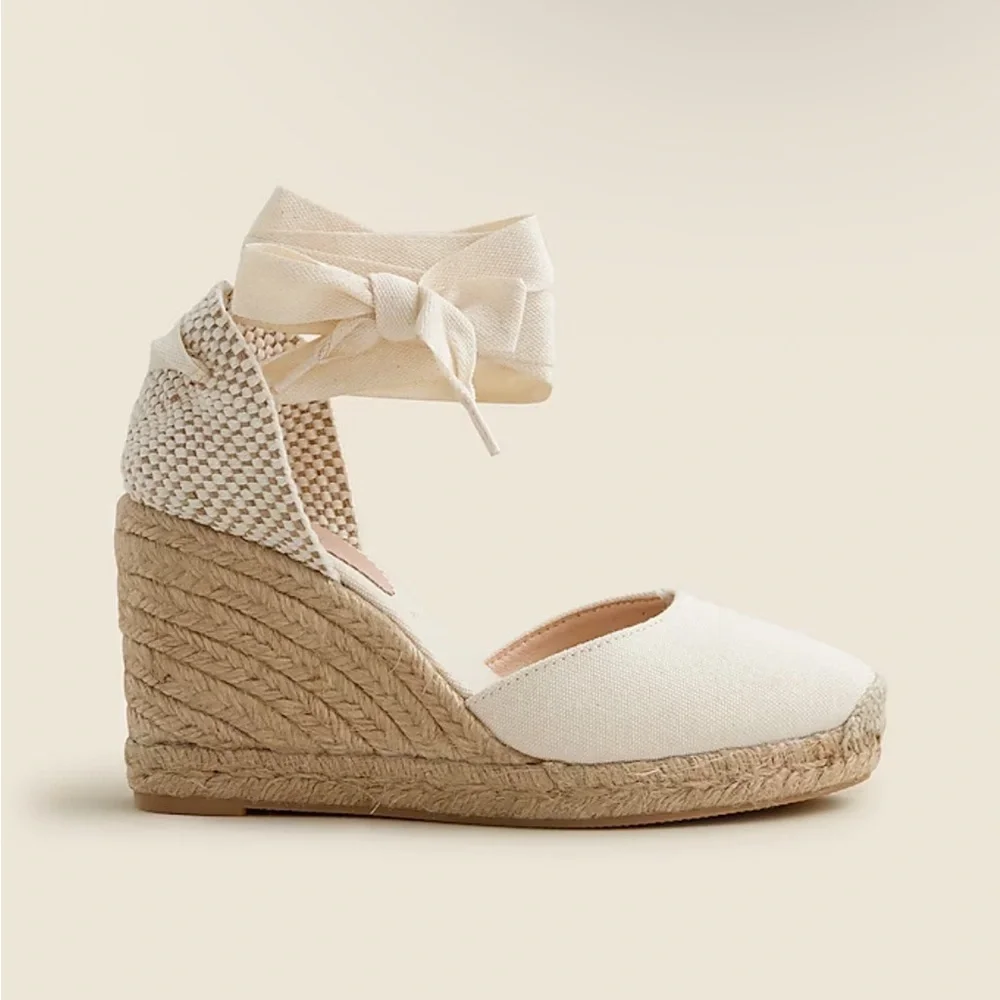 J. Crew Cream Round Toe Canvas Espadrille Wedges Size 9.5 Made in Spain